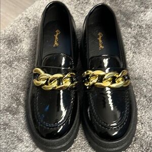 Black Patent Leather Loafers with Gold Chain